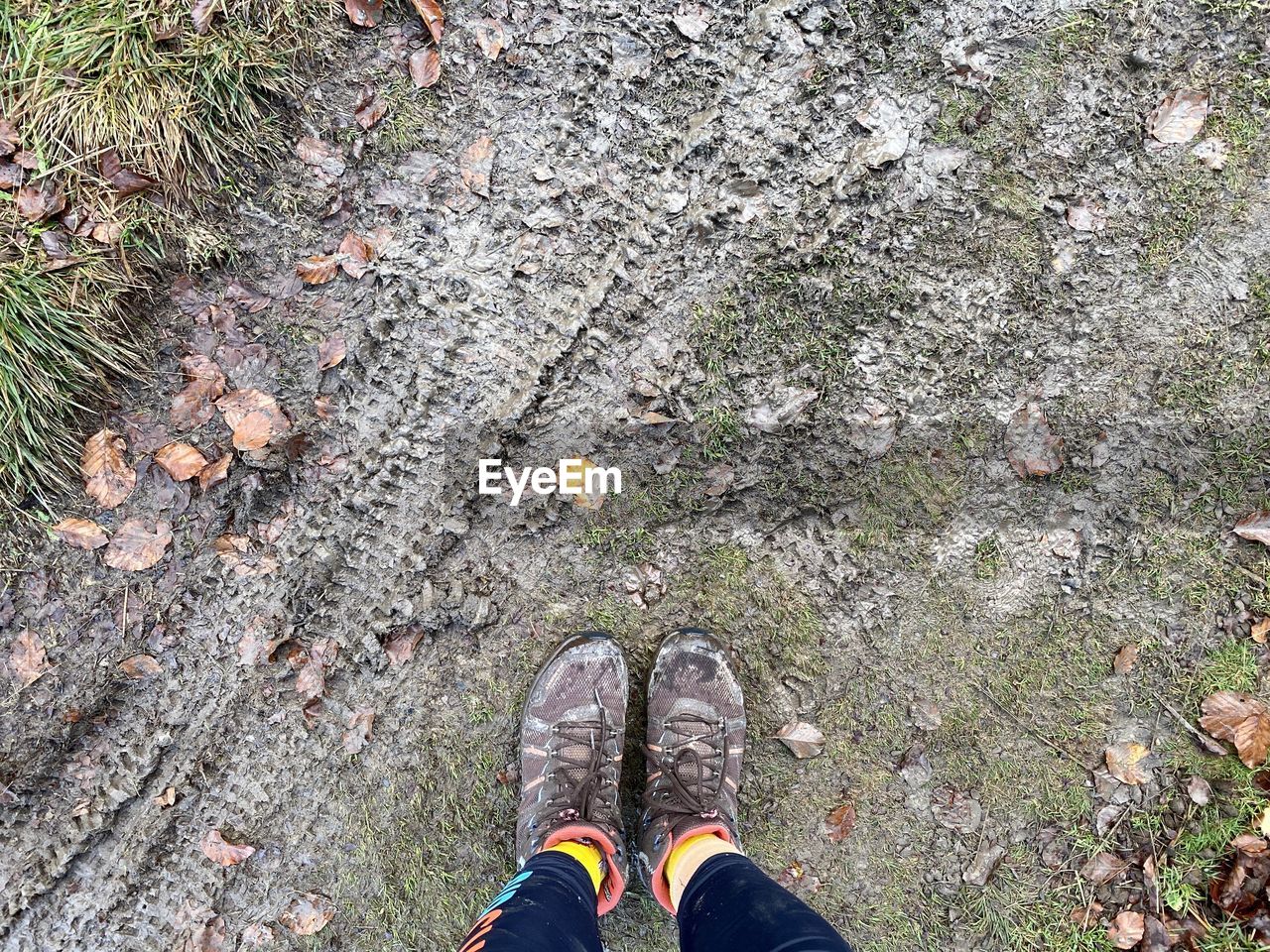 Low section of person standing on messy land