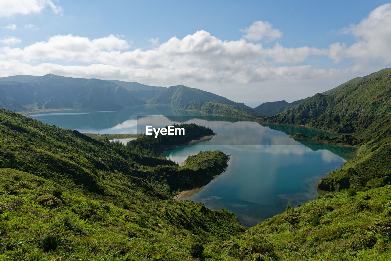 Scenic view of lake and mountains against sky