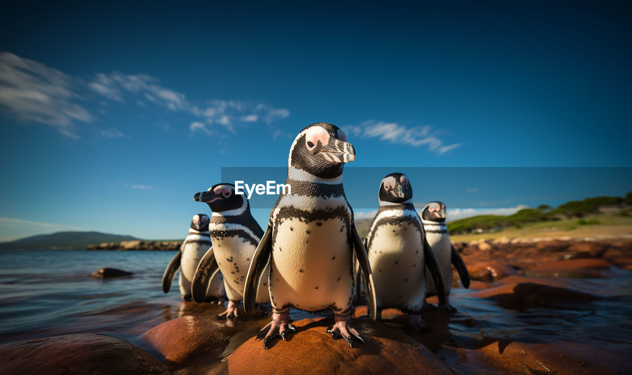 sky, nature, sea, water, screenshot, land, beach, penguin, adventure, scenics - nature, beauty in nature, travel, travel destinations, blue, ocean, cloud, no people, animal themes, animal, outdoors