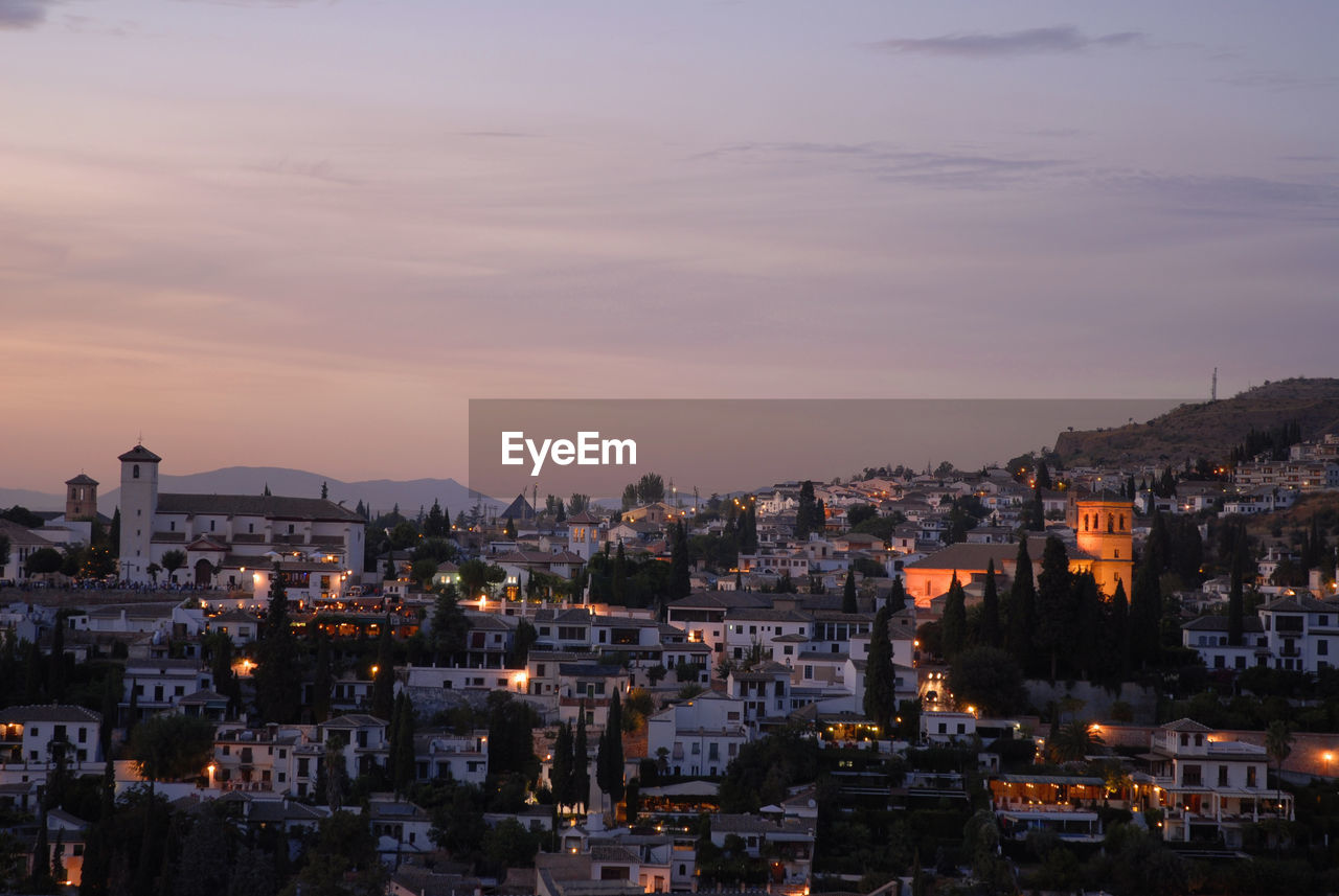 High angle shot of townscape against sky