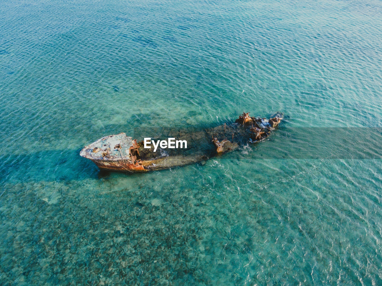 High angle view of abandoned boat in sea