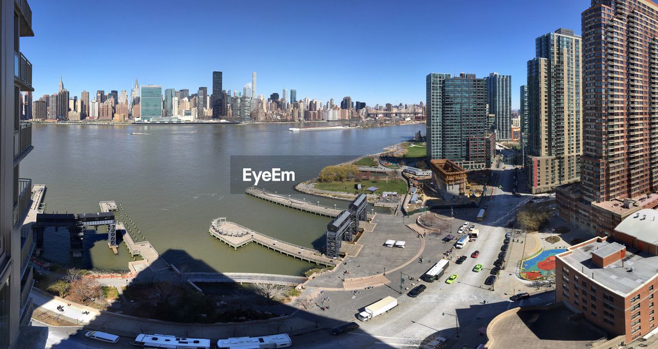 High angle view of east river in city