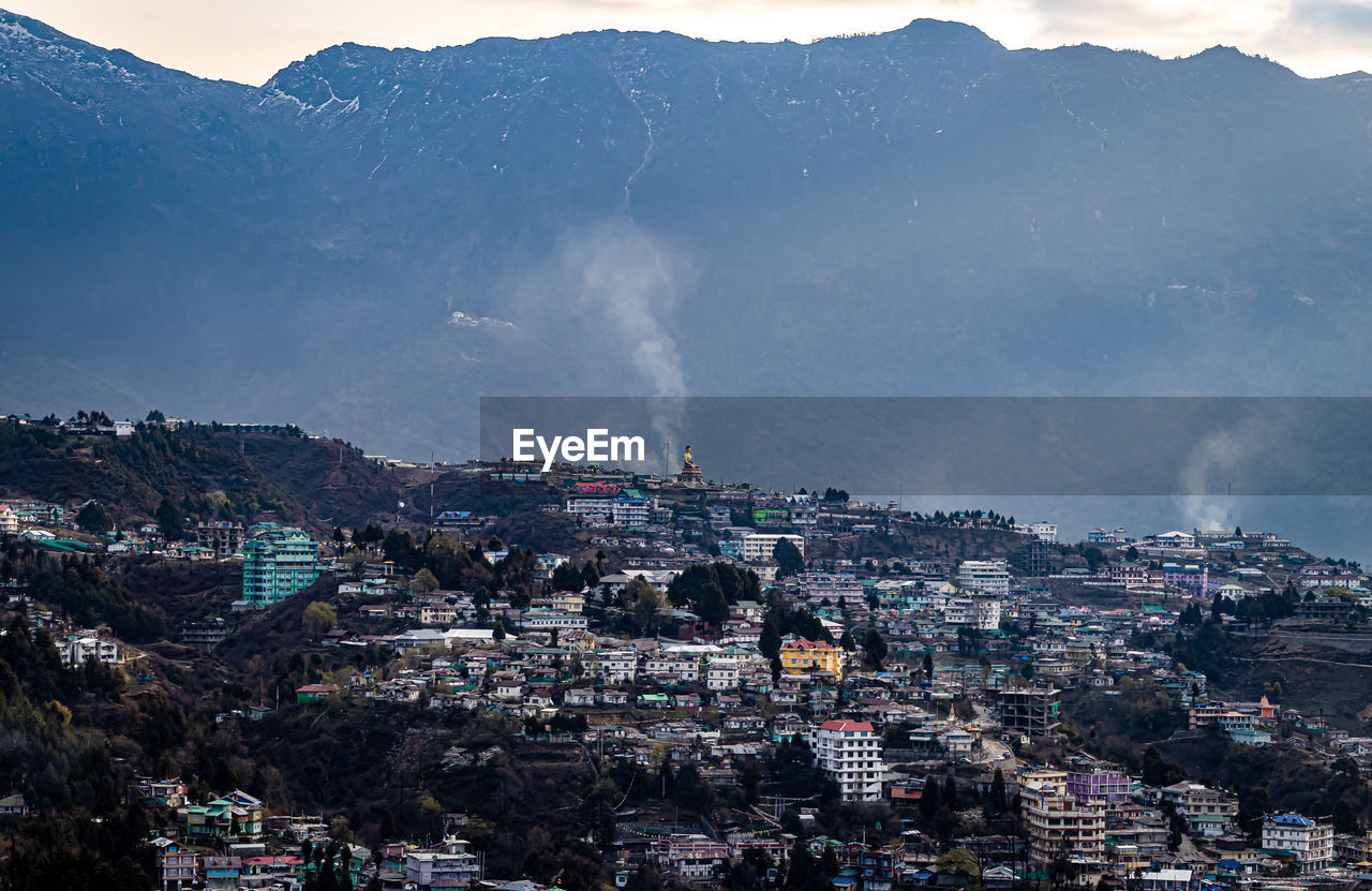 Tawang city view from mountain top at dawn from flat angle