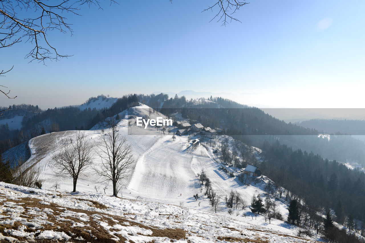 Scenic view of landscape against sky during winter