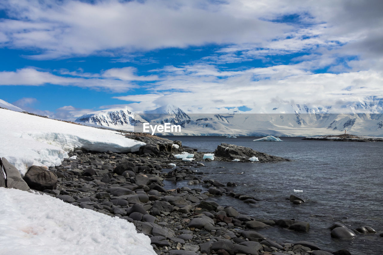 SCENIC VIEW OF SEA AND SNOWCAPPED MOUNTAINS AGAINST SKY