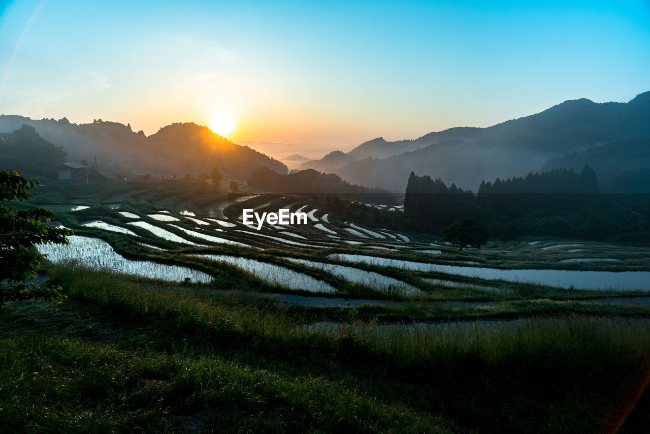 Scenic view of field against sky during sunset