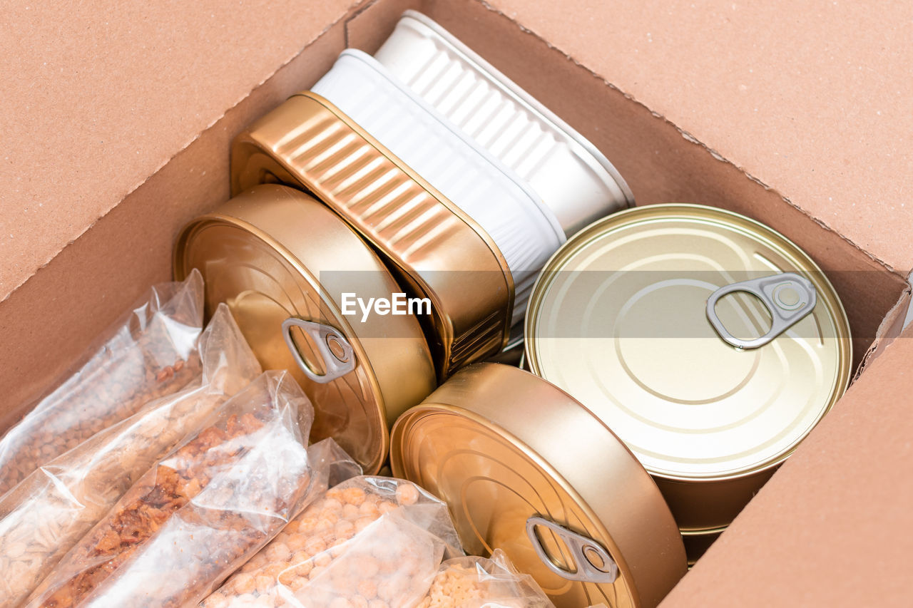 container, box, high angle view, no people, indoors, cardboard, wood