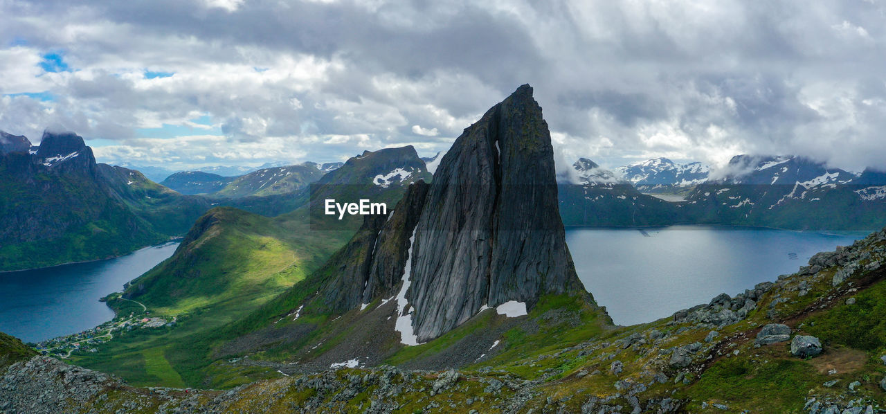 Aerial panorama of the famous segla peak in senja island, norway