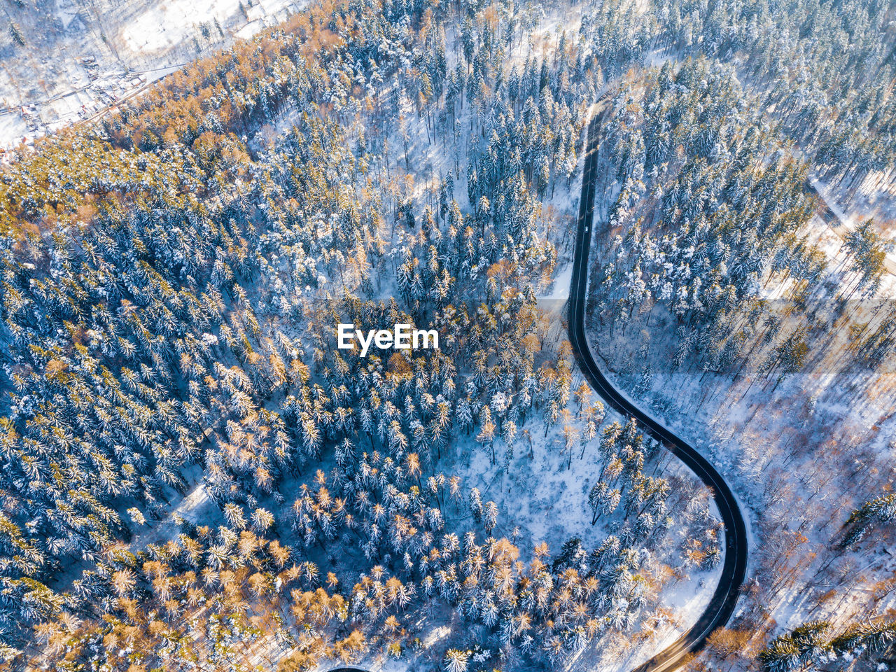 Aerial view of road amidst forest during winter