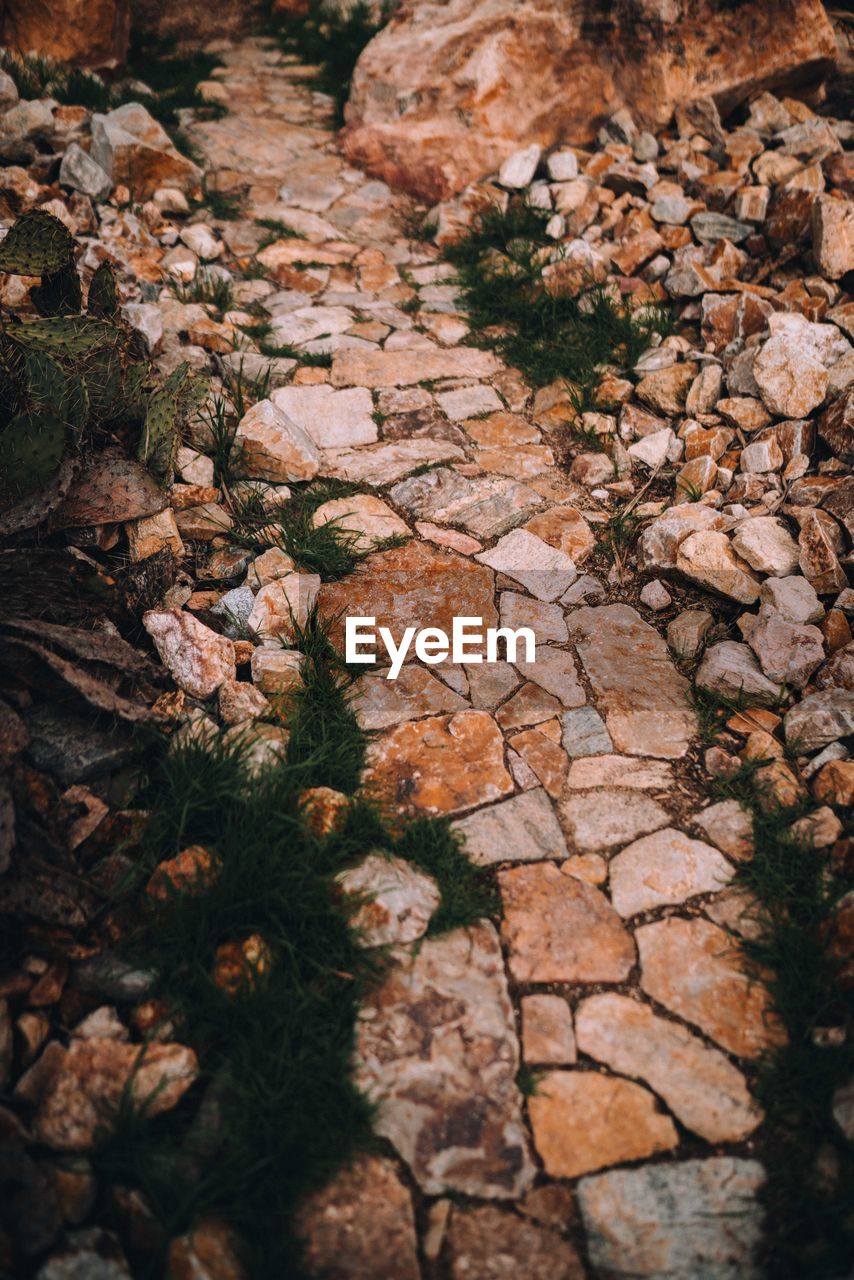 High angle view of footpath amidst rocks