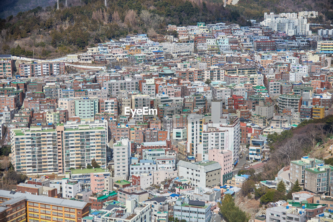 high angle view of buildings in city