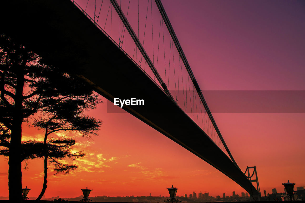 Low angle view of silhouette tree and bosphorus bridge against sky during sunset