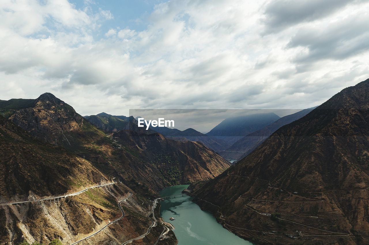 Scenic view of lake and mountains against sky