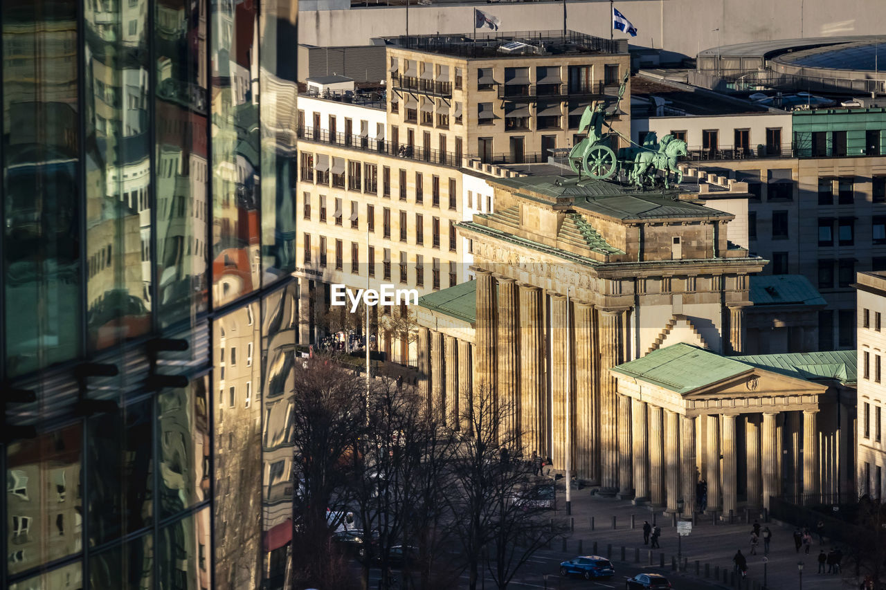 High angle view of buildings in city