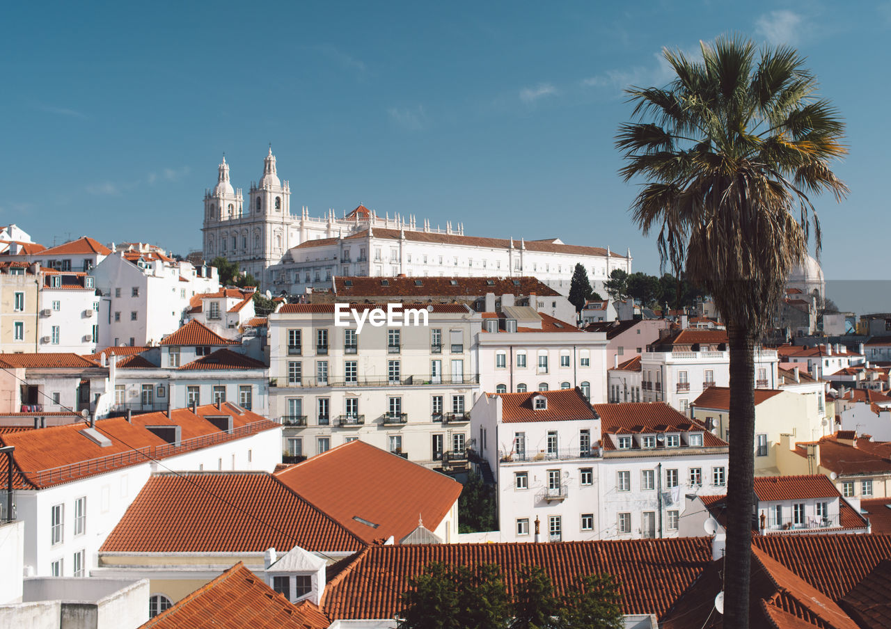 View of buildings against blue sky in city during sunny day