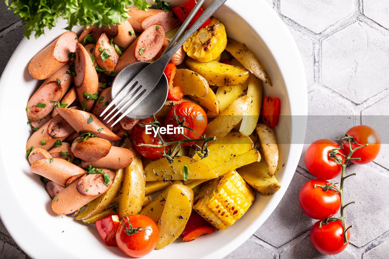 high angle view of food served in plate on table