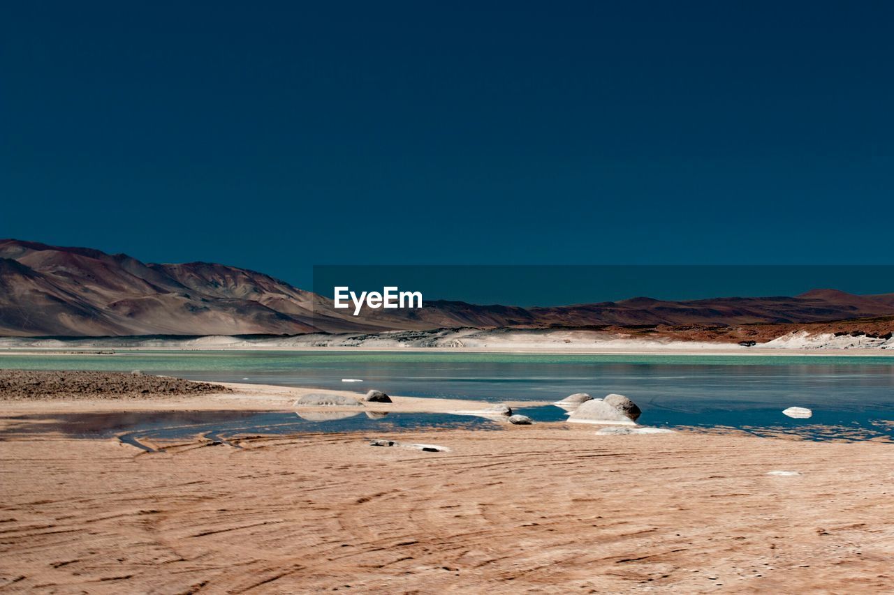 Scenic view of beach against clear blue sky