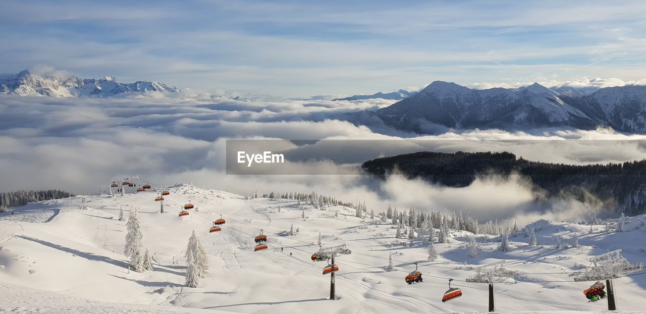 Scenic view of snow covered mountains against sky