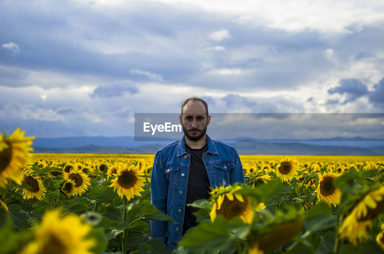 Woman standing in sunflower field