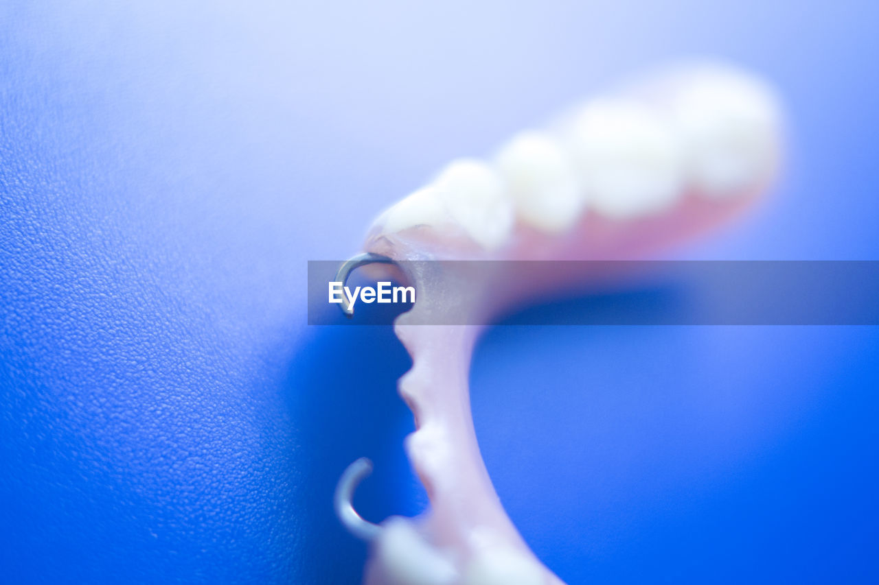 Close-up of dentures against blue background