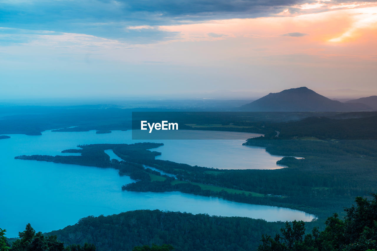 High angle view of bay against sky