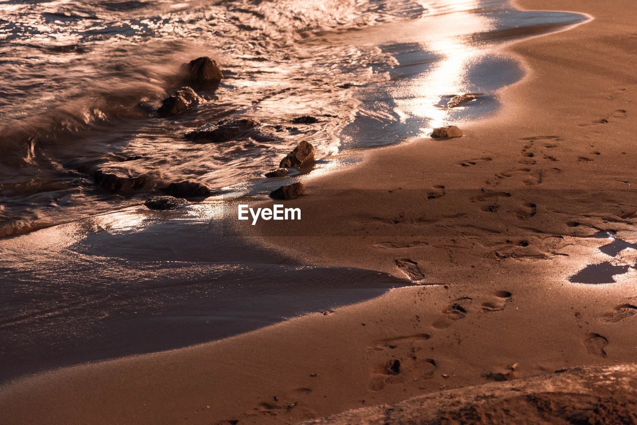 High angle view of sand at beach