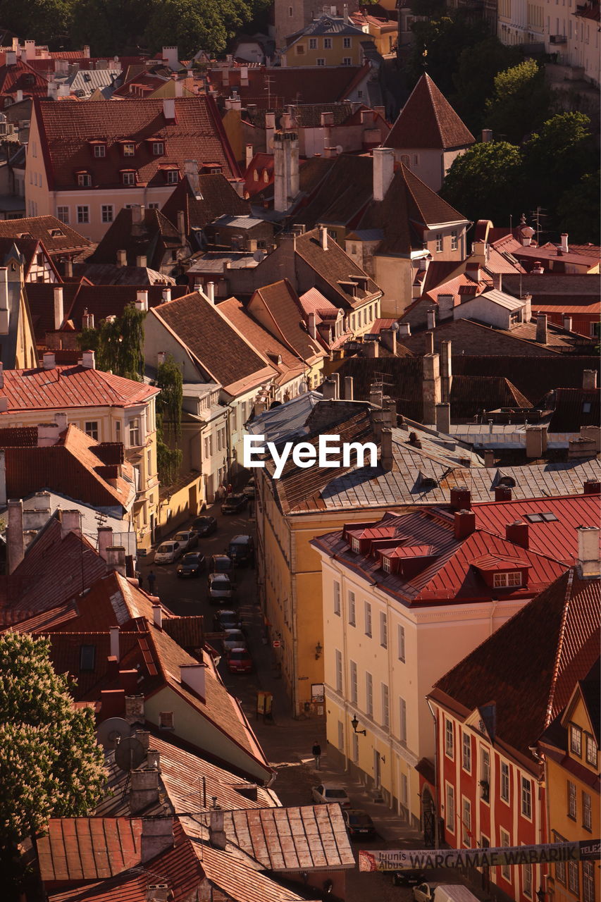 High angle view of buildings at town