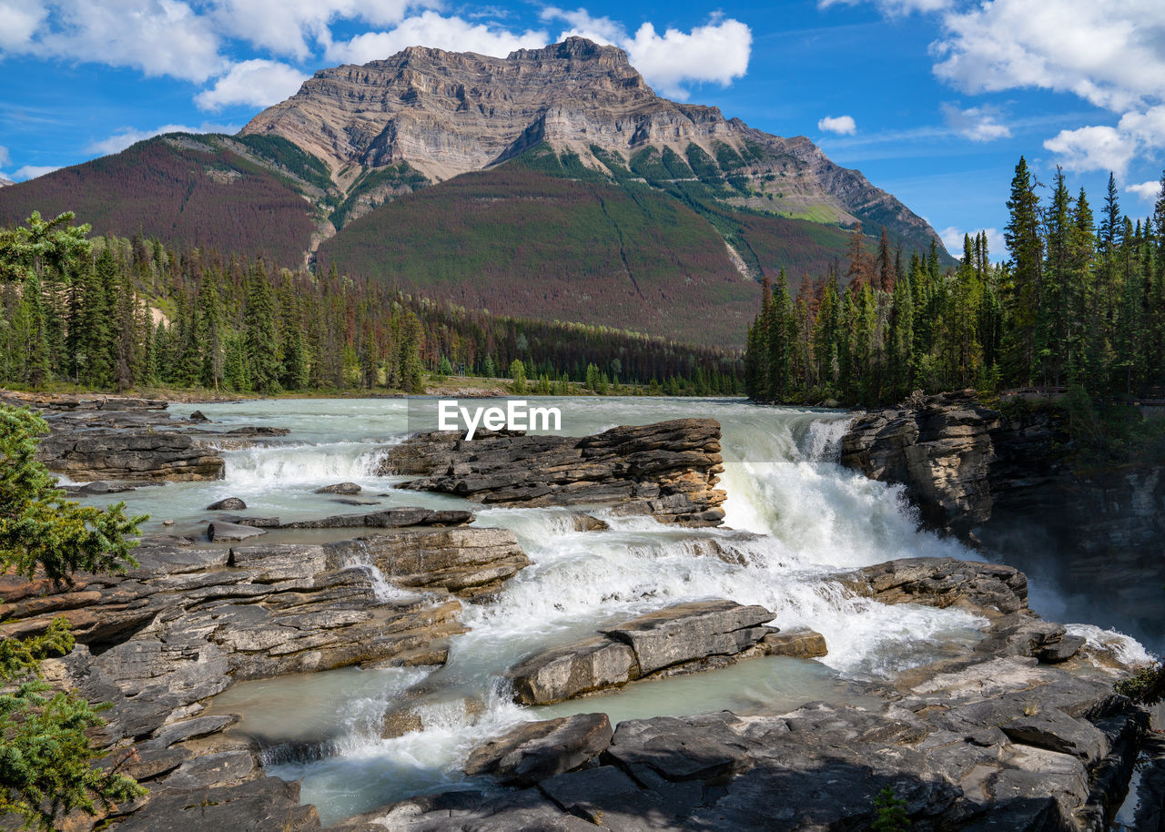 Scenic view of river flowing through mountains against sky