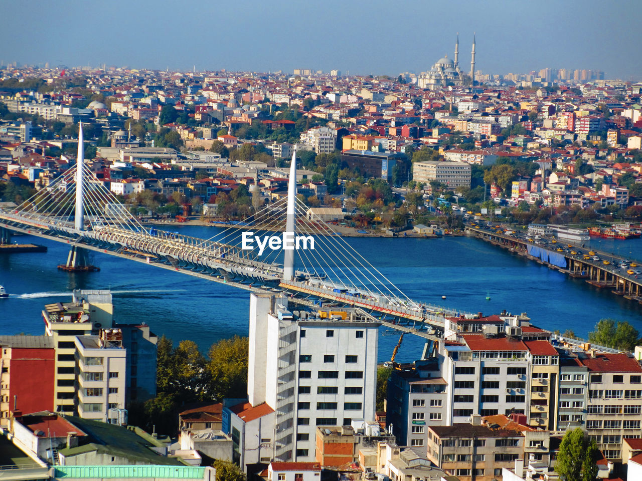 High angle view of golden horn metro bridge and residential district