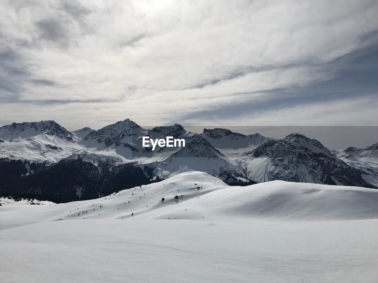 Scenic view of snow covered mountains against sky