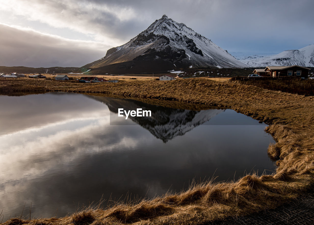 Scenic view of lake by snowcapped mountains against sky