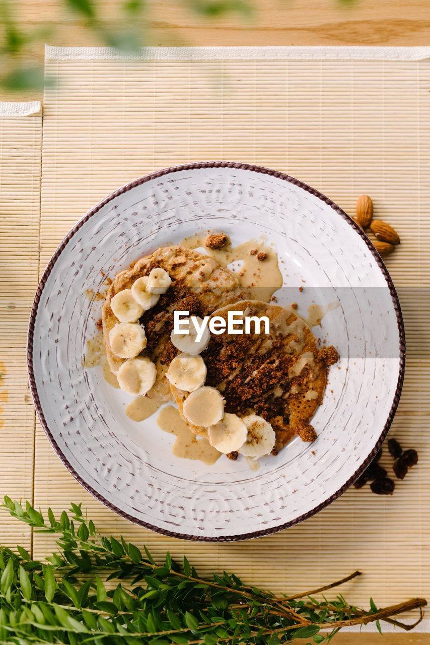 High angle view of pancakes served on table