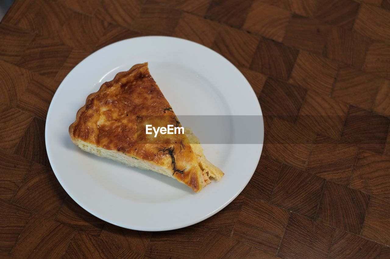 High angle view of cake in plate on table