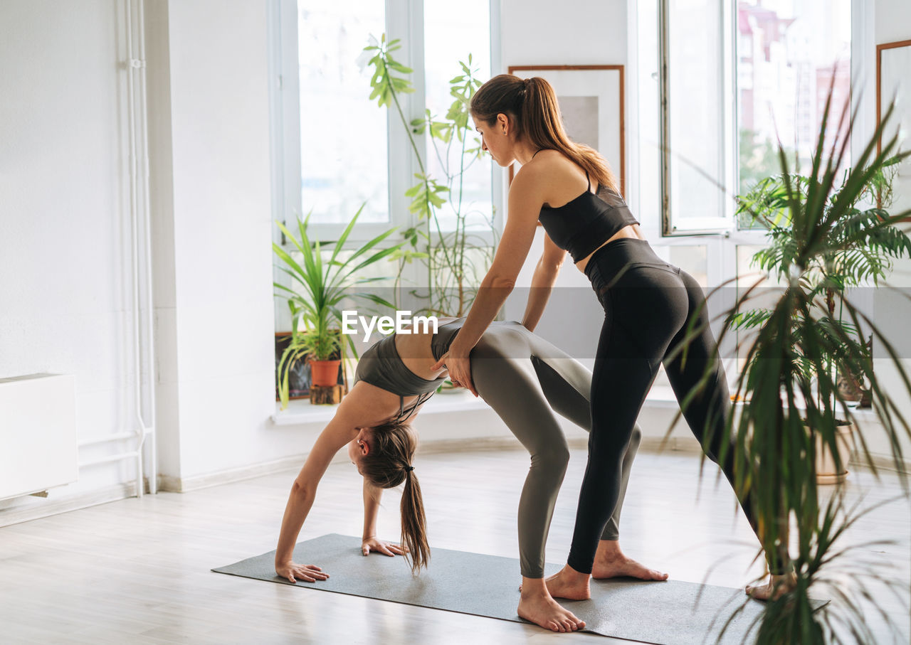 Young fit women practice yoga doing asana in a bright yoga studio