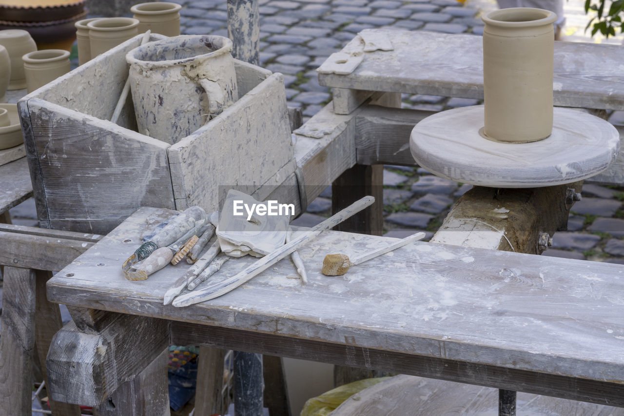 High angle view of work tools at workshop