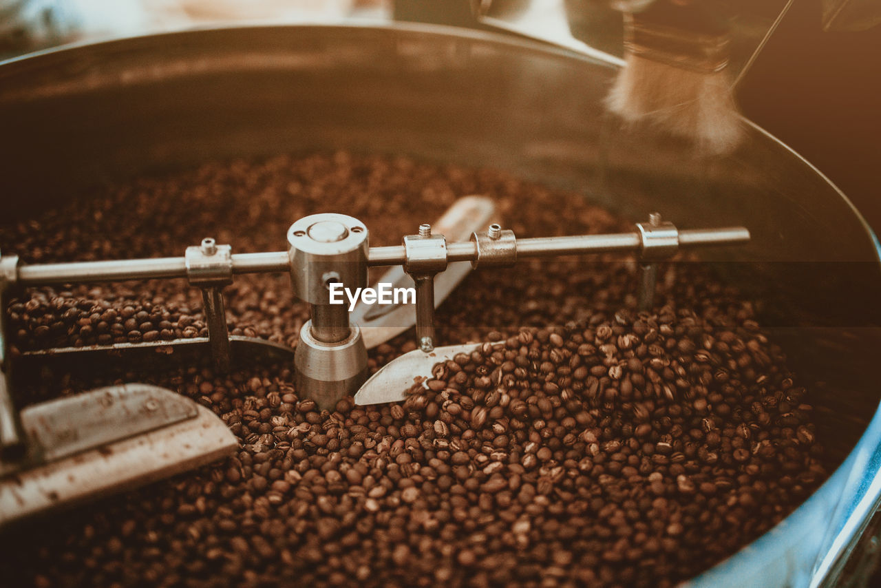 High angle view of coffee beans in grinder