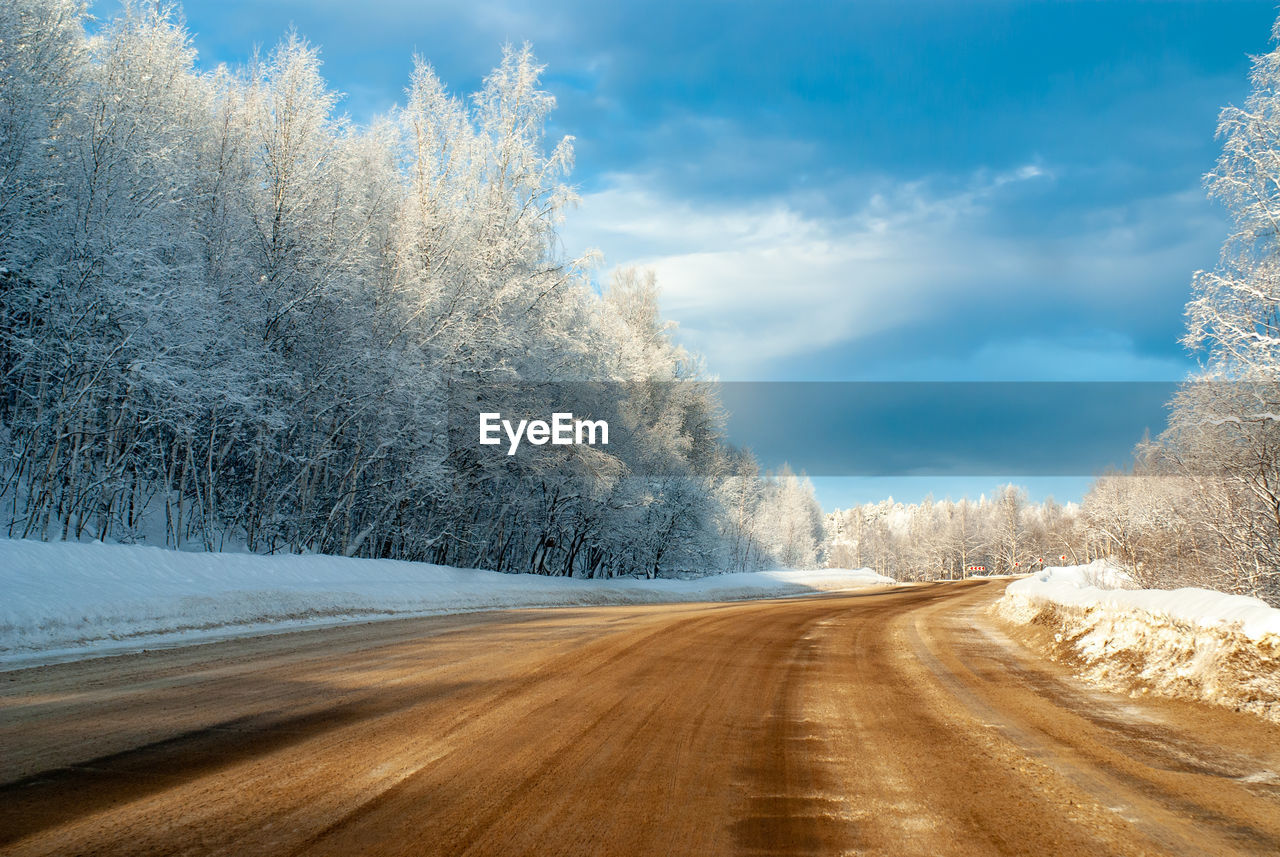 Winter track in the siberian taiga on a sunny frosty day 