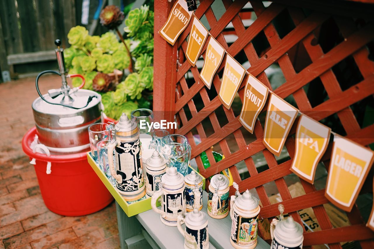 High angle view of various containers on table