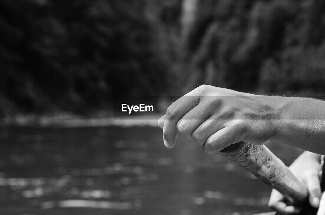 Cropped hands of man paddling in river