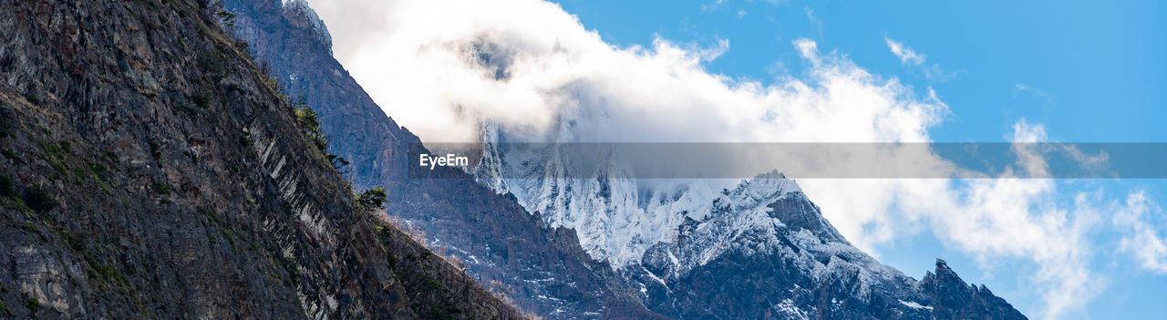 Panoramic view of snowcapped mountains against sky