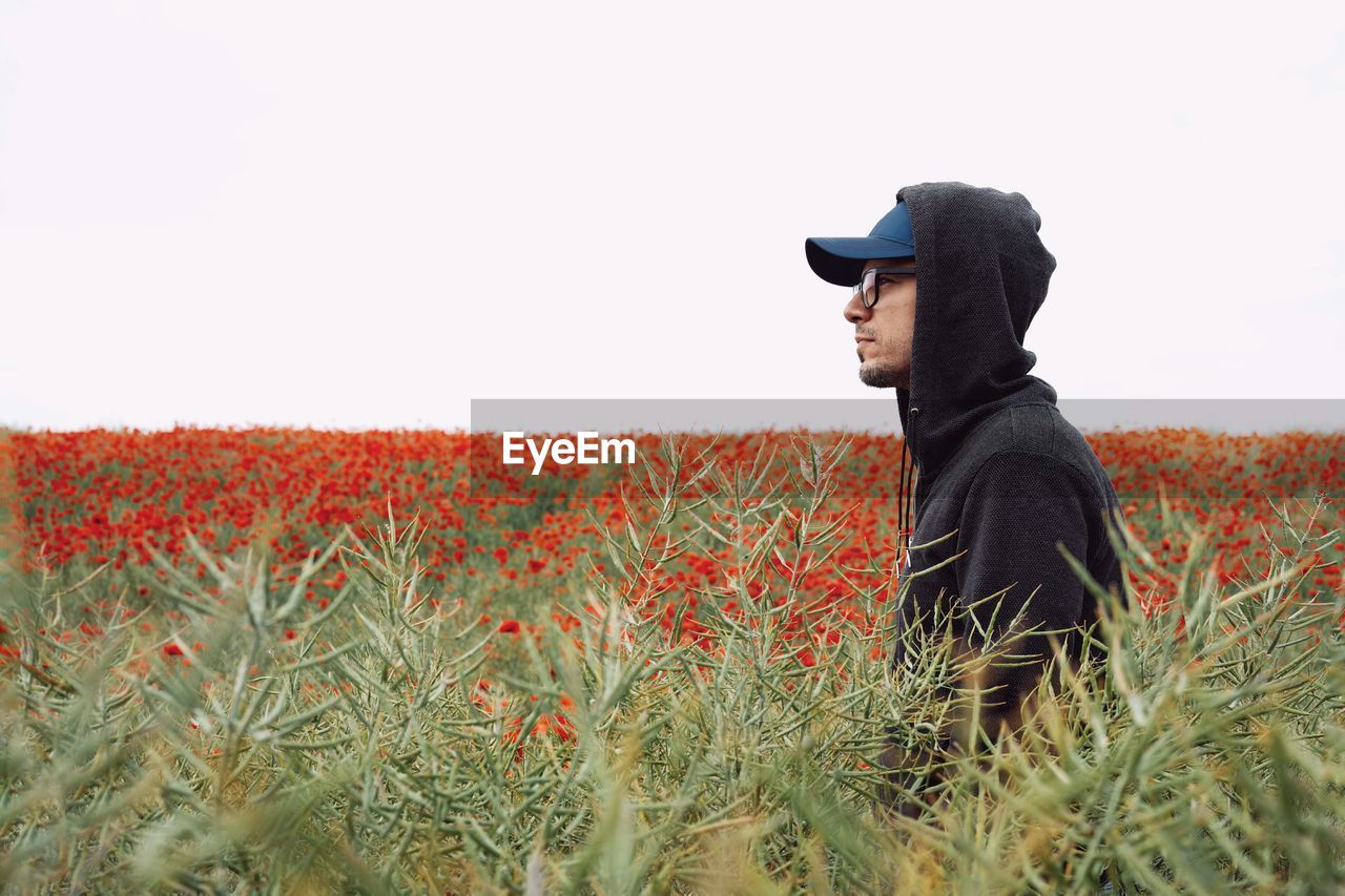 Man standing amidst flowering plants against clear sky