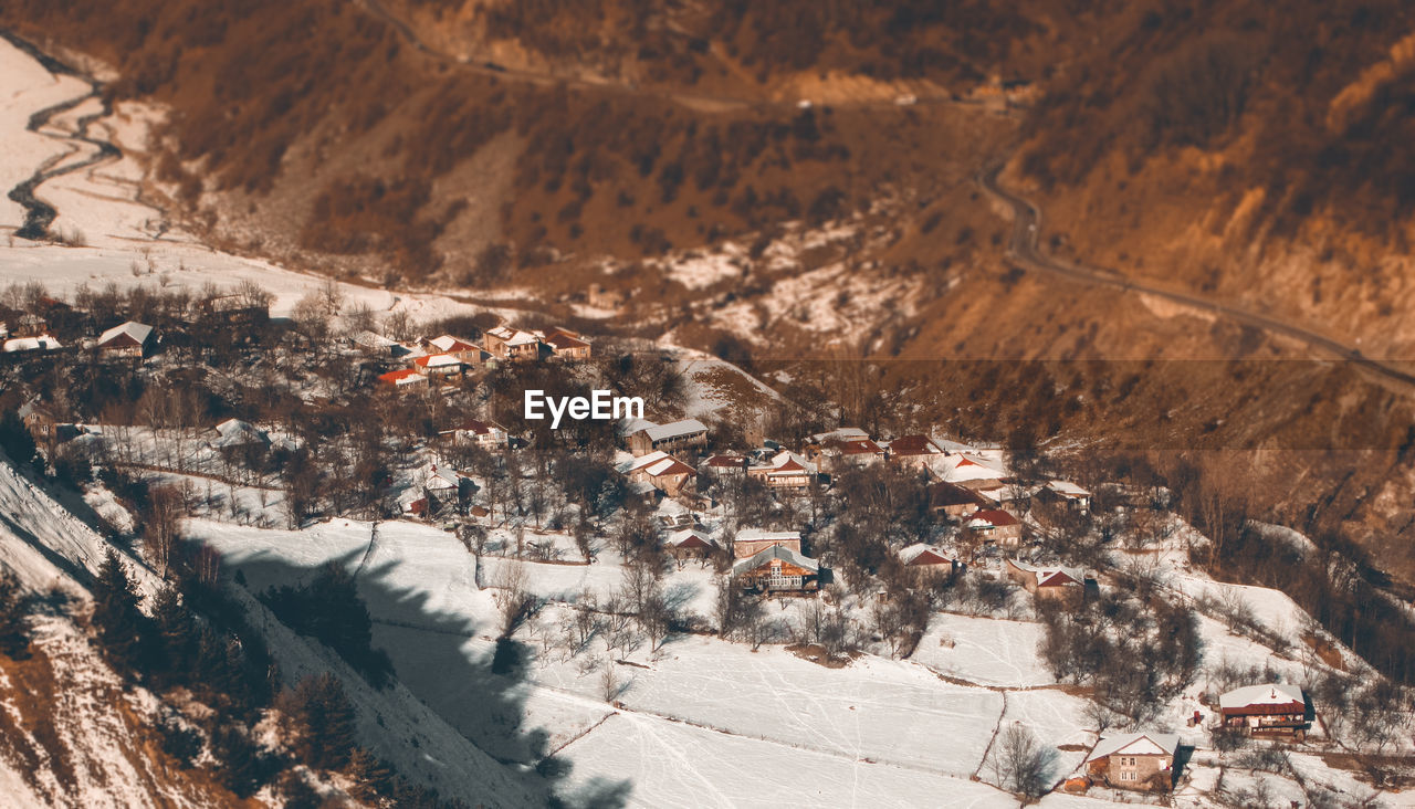 High angle view of snow covered houses