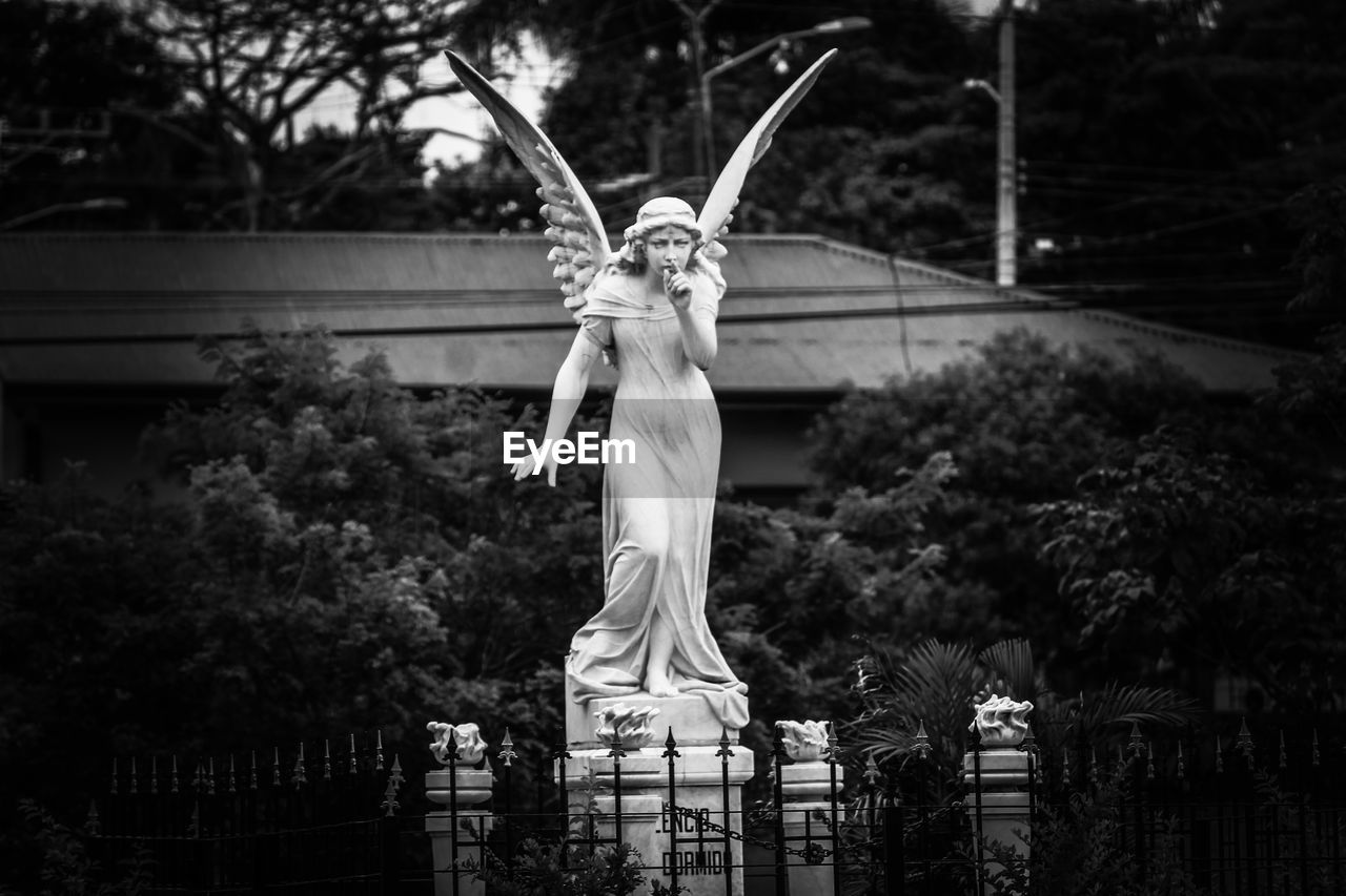 STATUE OF ANGEL AGAINST TREES AND PLANTS