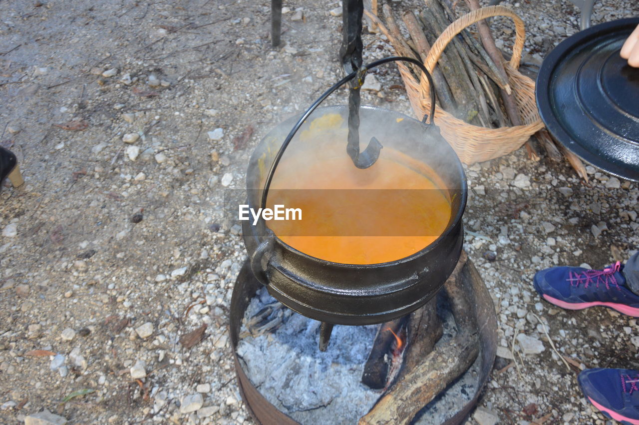 Cauldron,caldron with hot soup on a christmas market