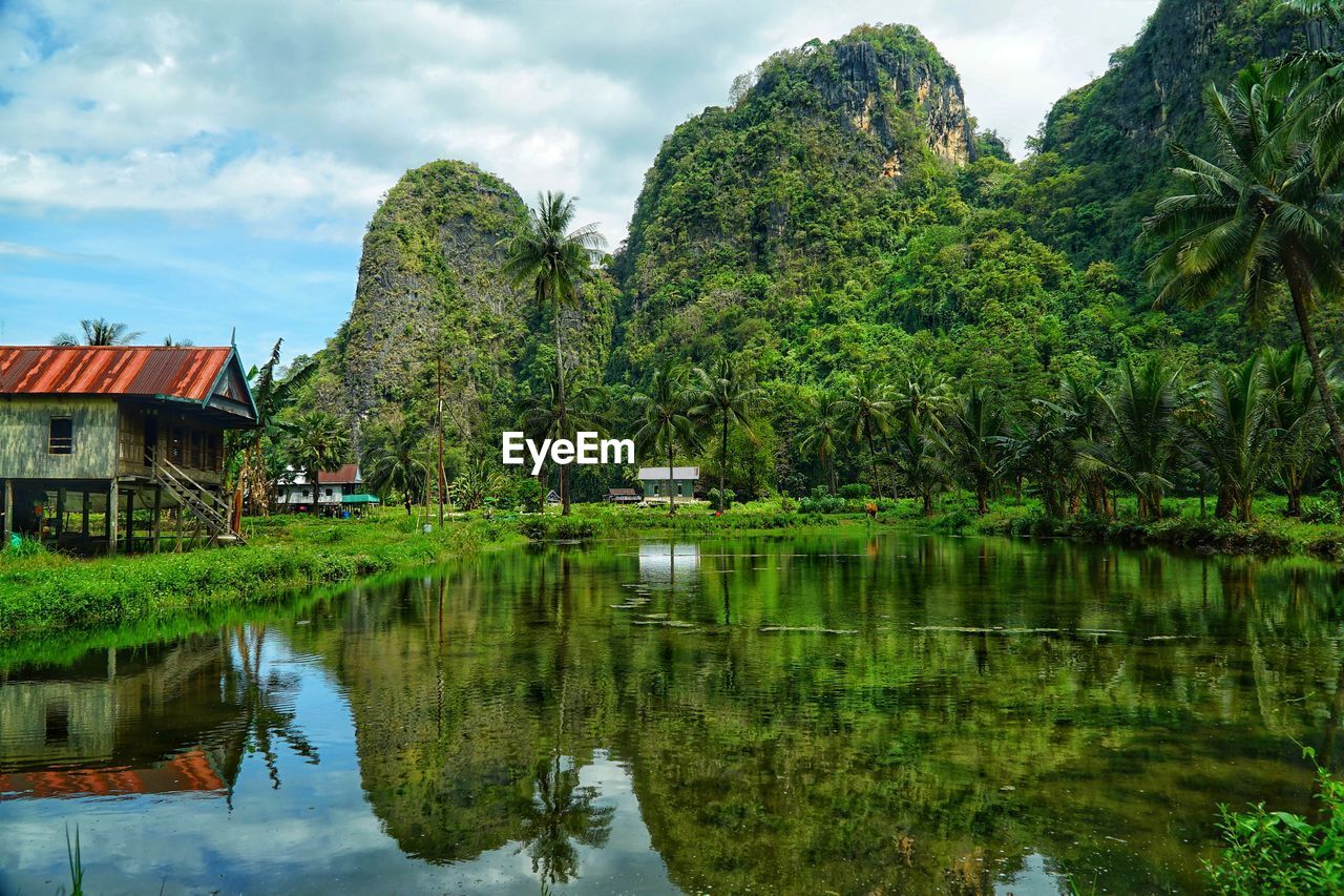 REFLECTION OF TREES AND BUILDINGS IN LAKE