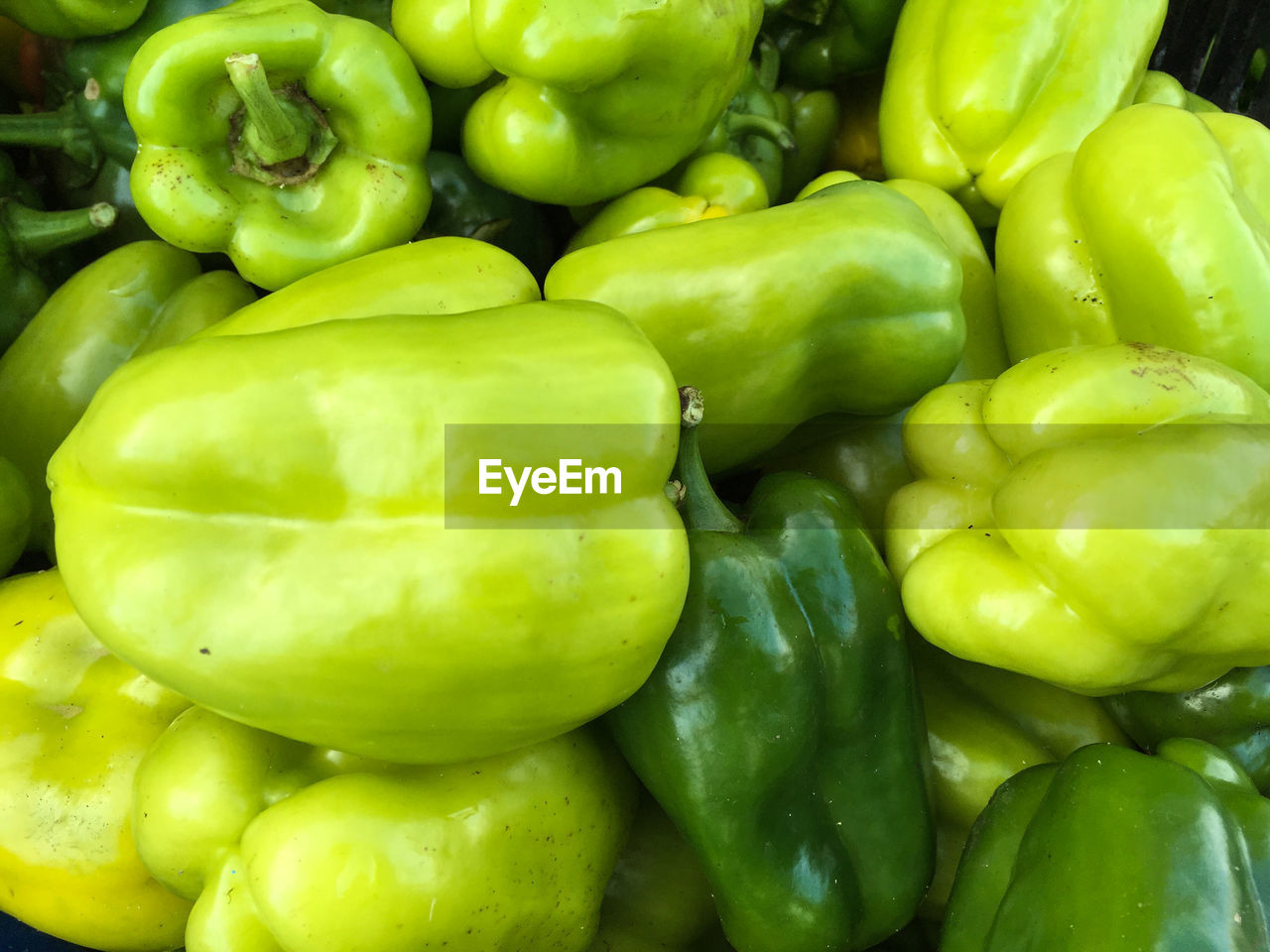 Full frame shot of green bell peppers at market stall