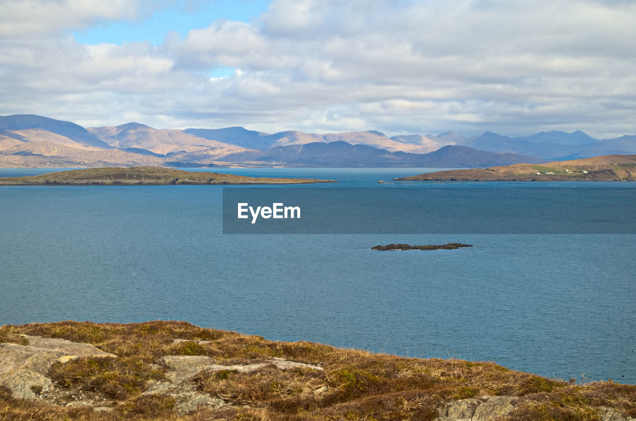 Scenic view of lake and mountains against sky