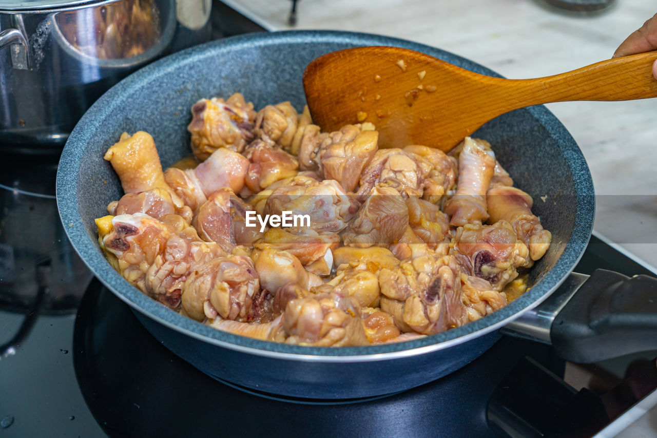 HIGH ANGLE VIEW OF MEAT IN PAN