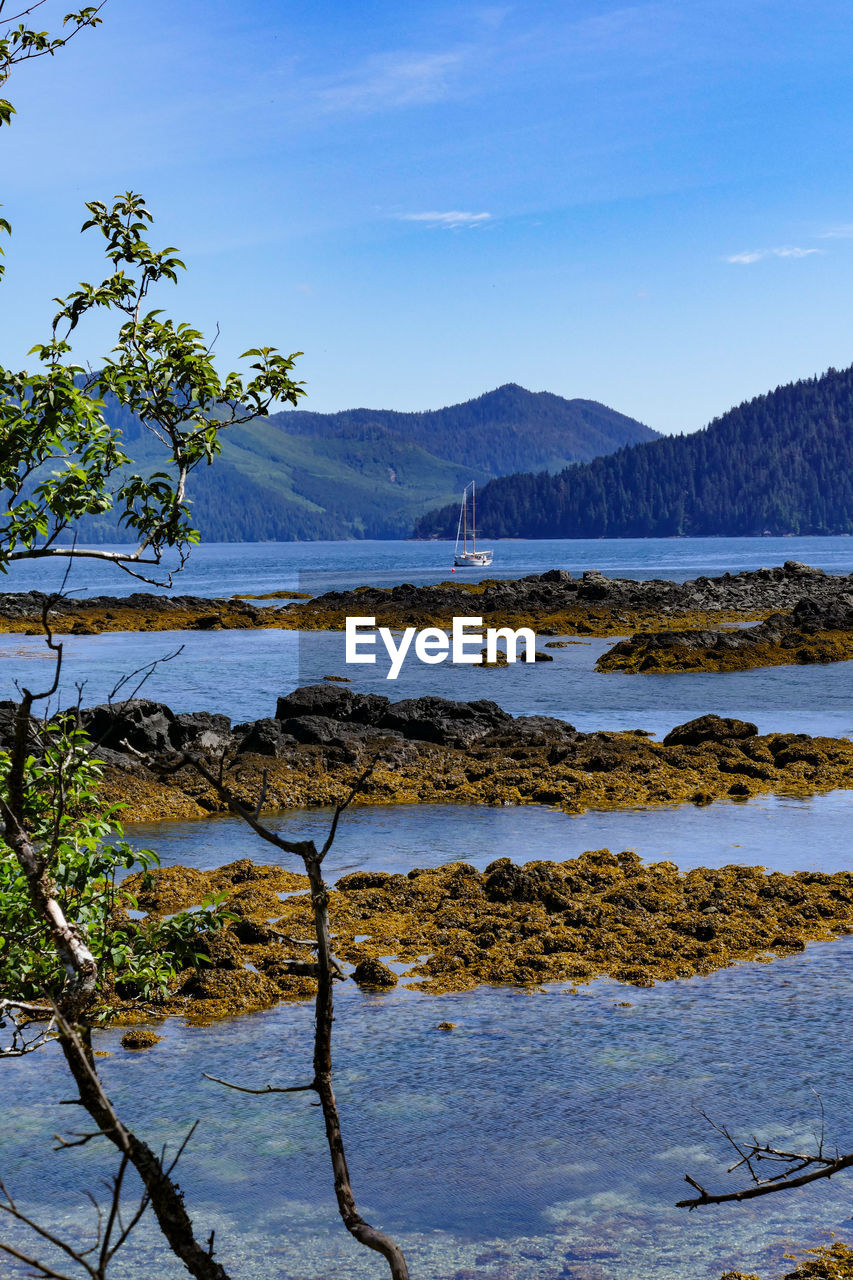 Scenic view of lake against blue sky