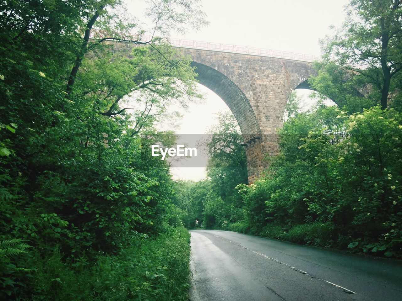 Empty country road along plants below arched structure